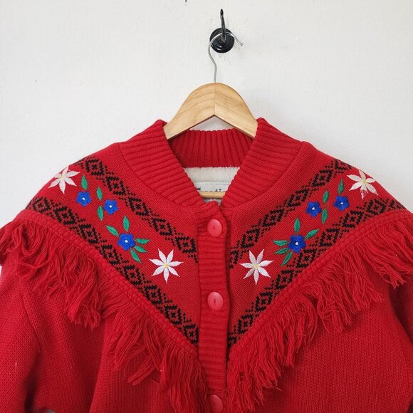 Vintage 80s Red Womens Exotic Fringe Button Down Cardigan Floral Sweater Small - Picture 2 of 7